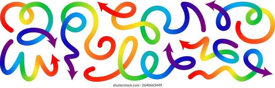 Abstract line shape color gradient arrows. 3d curve wave pattern, happy birthday fluid confetti. Liquid paint spiral swirl squiggle path, dynamic stroke, fun kid trendy ribbon. Carnival celebrate flow