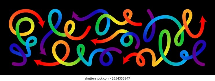 Abstract line shape color gradient arrows. 3d curve wave pattern, happy birthday fluid confetti. Liquid paint spiral swirl squiggle path, dynamic stroke, fun kid trendy ribbon. Carnival celebrate flow