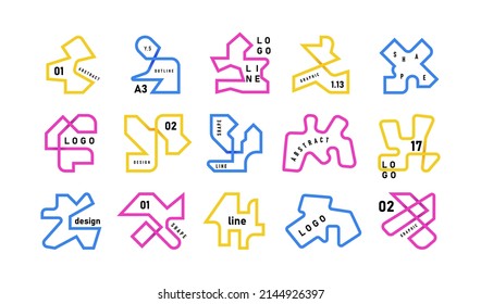 Abstract Line Shapes. Outline Curve Shape Geometric Logo, Antidesign Chaotic Forms With Text Lines. Vector Isolated Set