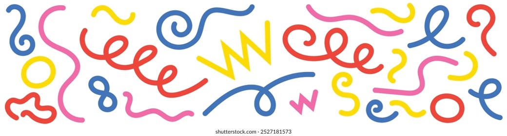 Abstract line and shapes pattern. Memphis squiggle texture. Colorful and fun children's party background. Vector illustration.