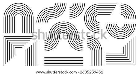 Abstract line shapes set isolated on white background. Vector illustration of retro style arch, rainbow, corner elements, Scandinavian 70s geometric pattern, vintage poster design, linear decoration