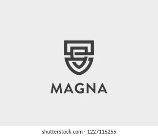 Abstract line shield logo design. Universal protection security vector logotype. Two intertwined linked shields