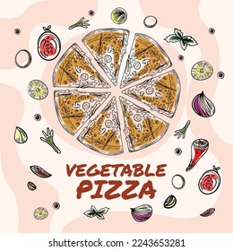 abstract line sketch hand drawn illustration, vegetable pizza menu