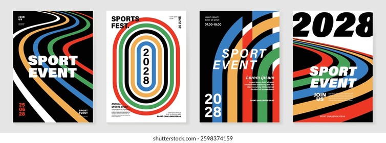Abstract line sport poster background vector set. Minimalist cover template with vibrant perspective line wave in motion. Ideal design for social media, cover, banner, flyer, ads.