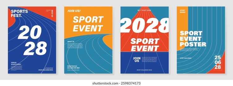 Abstract line sport poster background vector set. Minimalist cover template with vibrant perspective line wave in motion. Ideal design for social media, cover, banner, flyer, ads.