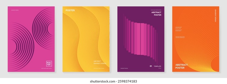 Abstract line sport poster background vector set. Minimalist cover template with vibrant perspective line wave in motion. Ideal design for social media, cover, banner, flyer, ads.