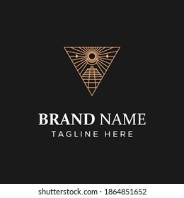 Abstract line style triangle with pyramid and sun rays logo template