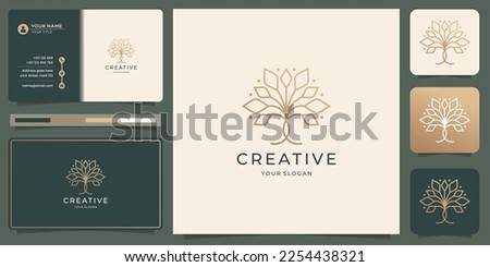 abstract line tree logo design. creative linear style tree icon with business card and golden color.