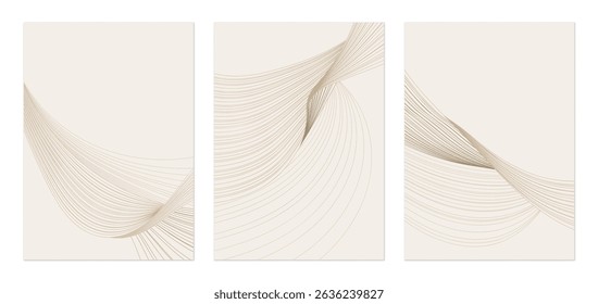 Abstract line wall art set, minimalist flowing lines in shades of brown on a light brown background. The lines have a distinct arrangement, creating different patterns of curves and waves