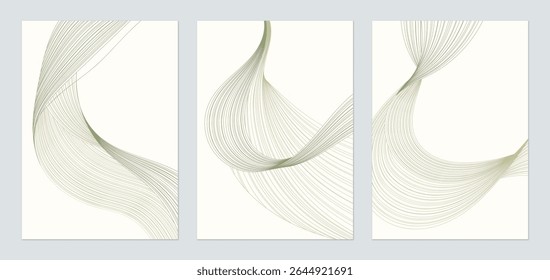 Abstract line wall art set, minimalist flowing lines in shades of green and brown on a light brown background. The lines have a distinct arrangement, creating different patterns of curves and waves