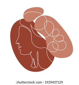 Abstract line wall art with women face profile. Modern Continuous one line drawing. Minimalist antique wall art with different shapes terracotta colors for wall decoration. Vector illustration