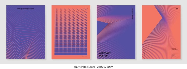 Abstract line wave gradient poster background vector set. Minimalist cover template with vibrant perspective line wave in motion. Ideal design for social media, cover, banner, flyer, music, ads.