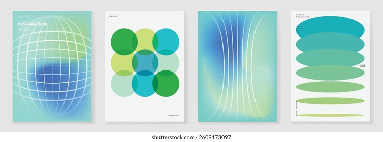 Abstract line wave gradient poster background vector set. Minimalist cover template with vibrant perspective line wave in motion. Ideal design for social media, cover, banner, flyer, music, ads.