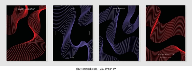 Abstract line wave gradient poster background vector set. Cover template with vibrant perspective line wave in motion. Ideal design for social media, cover, banner, flyer, music, ads.