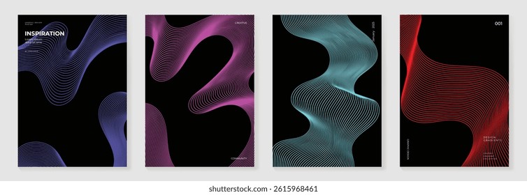 Abstract line wave gradient poster background vector set. Cover template with vibrant perspective line wave in motion. Ideal design for social media, cover, banner, flyer, music, ads.
