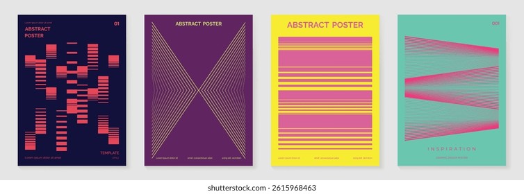 Abstract line wave gradient poster background vector set. Cover template with vibrant perspective line wave in motion. Ideal design for social media, cover, banner, flyer, music, ads.