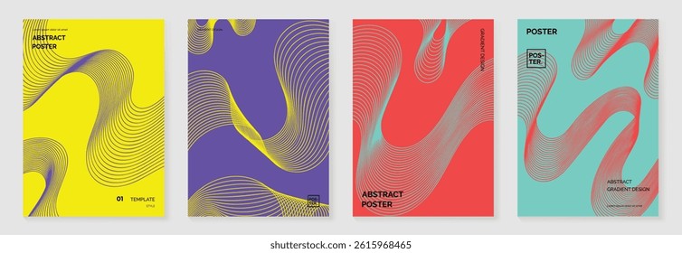 Abstract line wave gradient poster background vector set. Cover template with vibrant perspective line wave in motion. Ideal design for social media, cover, banner, flyer, music, ads.