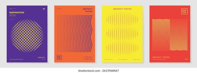 Abstract line wave gradient poster background vector set. Cover template with vibrant perspective line wave in motion. Ideal design for social media, cover, banner, flyer, music, ads.