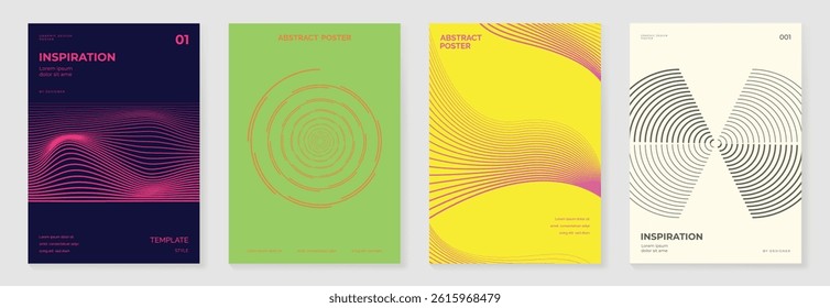 Abstract line wave gradient poster background vector set. Cover template with vibrant perspective line wave in motion. Ideal design for social media, cover, banner, flyer, music, ads.