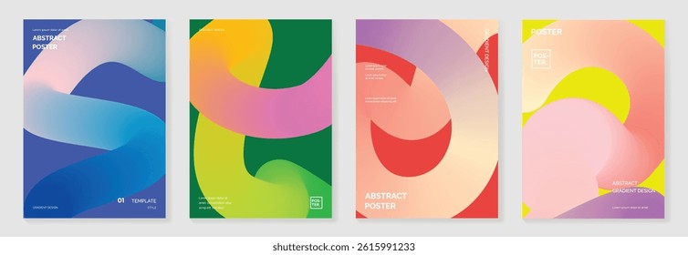 Abstract line wave gradient poster background vector set. Cover template with vibrant perspective line wave in motion. Ideal design for social media, cover, banner, flyer, music, ads.