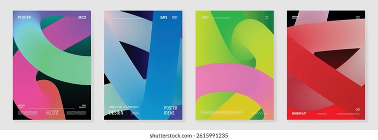 Abstract line wave gradient poster background vector set. Cover template with vibrant perspective line wave in motion. Ideal design for social media, cover, banner, flyer, music, ads.
