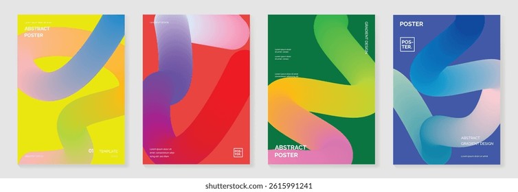 Abstract line wave gradient poster background vector set. Cover template with vibrant perspective line wave in motion. Ideal design for social media, cover, banner, flyer, music, ads.