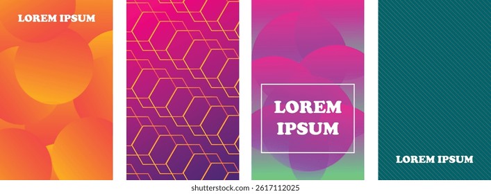 Abstract line wave gradient poster background vector set. Minimalist cover template with vibrant perspective line wave in motion Botanic design elements in wavy and vintage style.