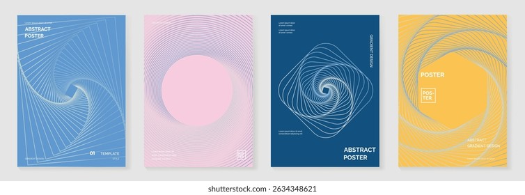 Abstract line wave gradient poster background vector set. Minimalist cover template with vibrant perspective line wave in motion. Ideal design for social media, cover, banner, flyer, music, ads.