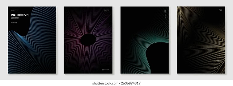 Abstract line wave gradient poster background vector set. Minimalist cover template with vibrant perspective line wave in motion. Ideal design for social media, cover, banner, flyer, music, ads.