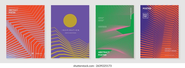 Abstract line wave gradient poster background vector set. Minimalist cover template with vibrant perspective line wave in motion. Ideal design for social media, cover, banner, flyer, music, ads.