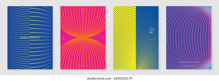 Abstract line wave gradient poster background vector set. Minimalist cover template with vibrant perspective line wave in motion. Ideal design for social media, cover, banner, flyer, music, ads.