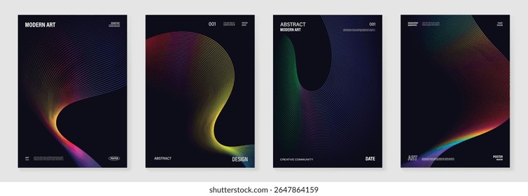 Abstract line wave gradient poster background vector set. Minimalist cover template with vibrant perspective line wave in motion. Ideal design for social media, cover, banner, flyer, music, ads.