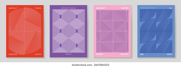 Abstract line wave gradient poster background vector set. Minimalist cover template with vibrant perspective line wave in motion. Ideal design for social media, cover, banner, flyer, music, ads.
