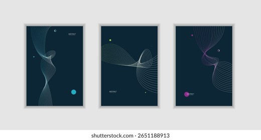 Conjunto moderno de fundo do poster do gradiente da onda da linha abstrata. Modelo de cobertura minimalista com onda de linha de perspectiva vibrante em movimento