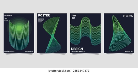 Conjunto de vetores de plano de fundo do pôster de gradiente da onda da linha abstrata. Modelo de cobertura minimalista com vibrante onda de linha de perspectiva em movimento. 