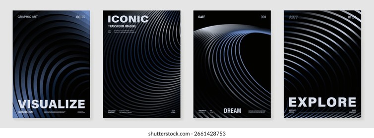 Conjunto de Vector de fondo de póster de gradiente de onda de línea Abstractas. Plantilla de cubierta minimalista con vibrante onda de línea de perspectiva en movimiento. Diseño ideal para redes sociales, portada, Anuncio, flyer, música, anuncios.