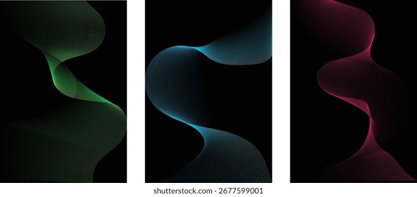 Abstrato linha onda gradiente poster fundo vetor conjunto, modelo de cobertura minimalista com perspectiva vibrante linha onda em movimento, Capa de design ideal, banner, folheto, música, anúncios.