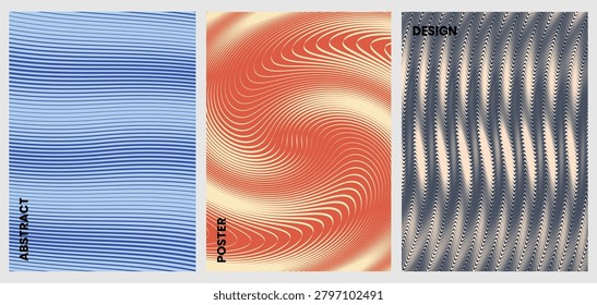 Abstract Line Wave Moire Optical Illusion Modern Posters Set. Vector Illustration of Retro Twisted Wave Backgrounds, Psychedelic Vortex Textures, and Creative Album Cover Templates.