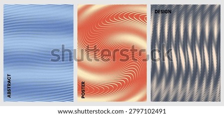Abstract Line Wave Moire Optical Illusion Modern Posters Set. Vector Illustration of Retro Twisted Wave Backgrounds, Psychedelic Vortex Textures, and Creative Album Cover Templates.