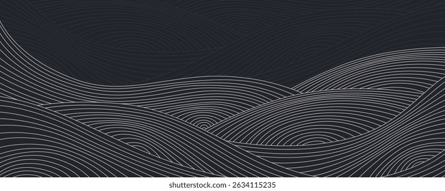 Padrão de onda de linha abstrata - listras curvas simples fluindo sobre fundo escuro. Elemento de design gráfico minimalista. Ilustração ornamental inspirada na Ásia, elegantes banners decorativos de textura vetorial.