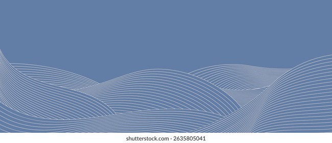 Abstract line wave pattern - simple curved stripes flowing on blue background. Minimalist graphic design element. Asian inspired ornamental illustration, elegant decorative vector texture banners.