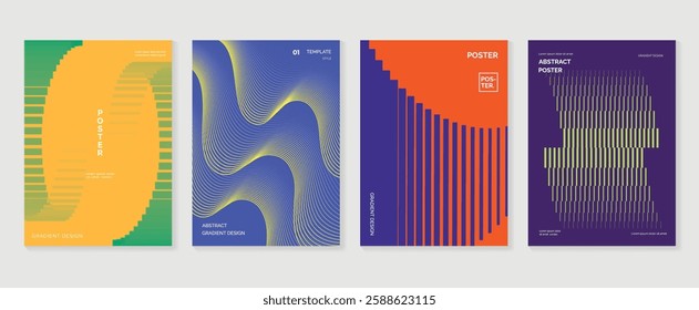 Abstract line wave poster background vector set. Minimalist cover template with vibrant perspective line wave in motion. Ideal design for social media, cover, banner, flyer, music, ads.