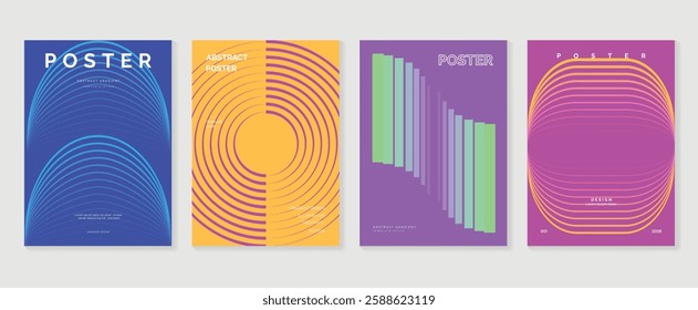 Abstract line wave poster background vector set. Minimalist cover template with vibrant perspective line wave in motion. Ideal design for social media, cover, banner, flyer, music, ads.
