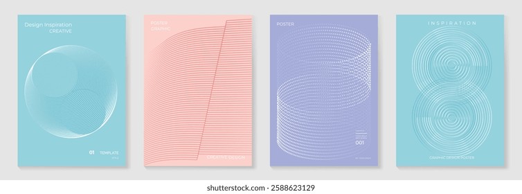 Abstract line wave poster background vector set. Minimalist cover template with vibrant perspective line wave in motion. Ideal design for social media, cover, banner, flyer, music, ads.
