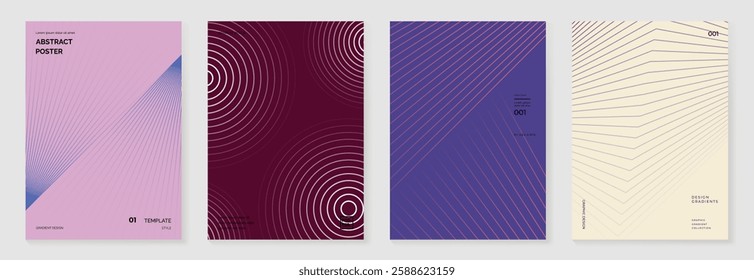 Abstract line wave poster background vector set. Minimalist cover template with vibrant perspective line wave in motion. Ideal design for social media, cover, banner, flyer, music, ads.