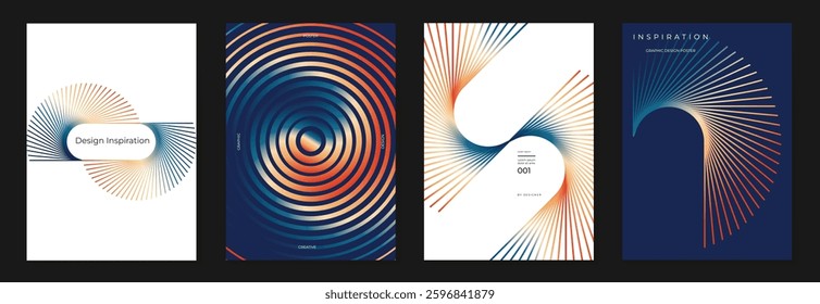 Abstract line wave poster background vector set. Minimalist cover template with vibrant perspective line wave in motion. Ideal design for social media, cover, banner, flyer, music, ads.