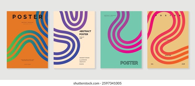 Abstract line wave poster background vector set. Minimalist cover template with vibrant perspective line wave in motion. Ideal design for social media, cover, banner, flyer, music, ads.