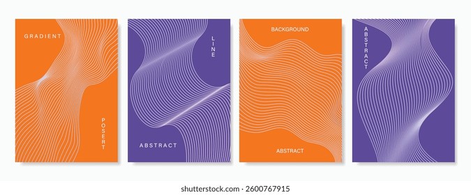 Abstract line wave poster background vector set. Minimalist cover template with vibrant perspective line wave in motion. Ideal design for social media, cover, banner, flyer, music, ads.
