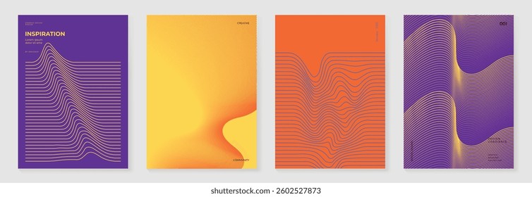 Abstract line wave poster background vector set. Minimalist cover template with vibrant perspective line wave in motion. Ideal design for social media, cover, banner, flyer, music, ads.