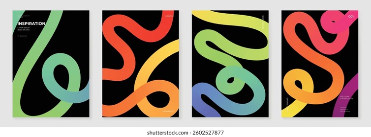 Abstract line wave poster background vector set. Minimalist cover template with vibrant perspective line wave in motion. Ideal design for social media, cover, banner, flyer, music, ads.